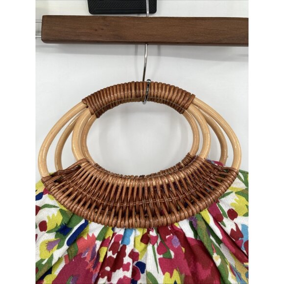 Large Antique Wicker & Canvas Handbag Colorful Floral Boho Beach Vacation - Picture 5 of 13